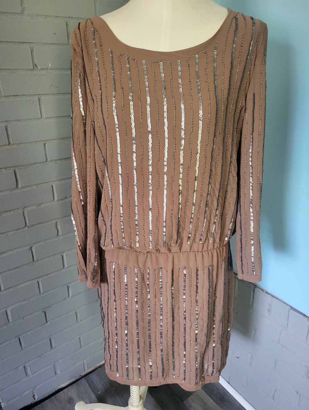 Sara Boo Taupe Sequin-Striped Long Sleeve Dress